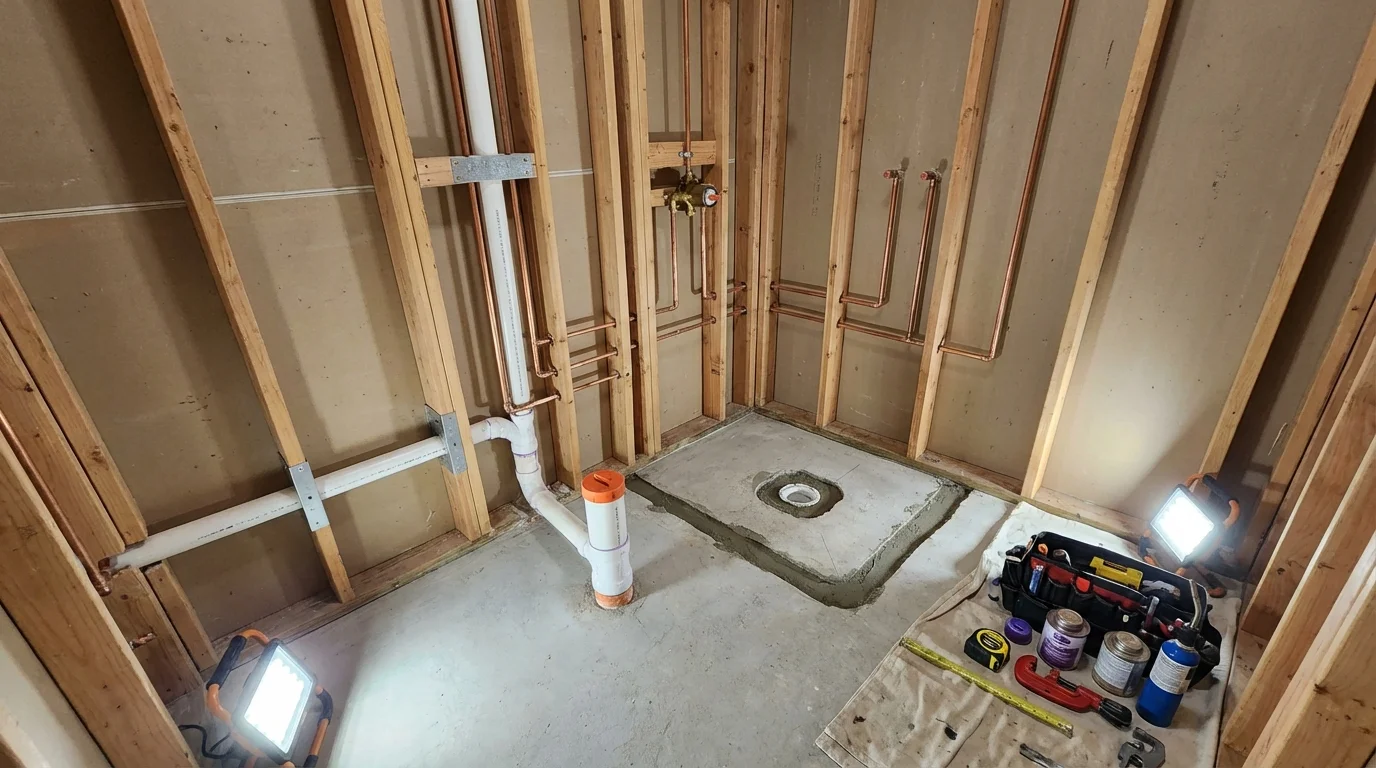 Bathroom rough-in plumbing during remodel by Johns Plumbing LLC in Vance