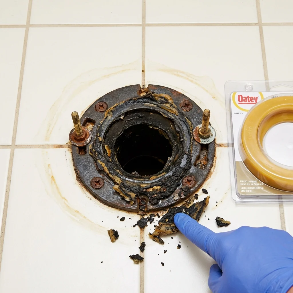 Failed wax ring showing water seepage at the base of a toilet in a Vance, AL home